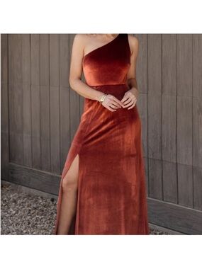 Baltic Born One-Shoulder Velvet Maxi Dress in coppery brown color